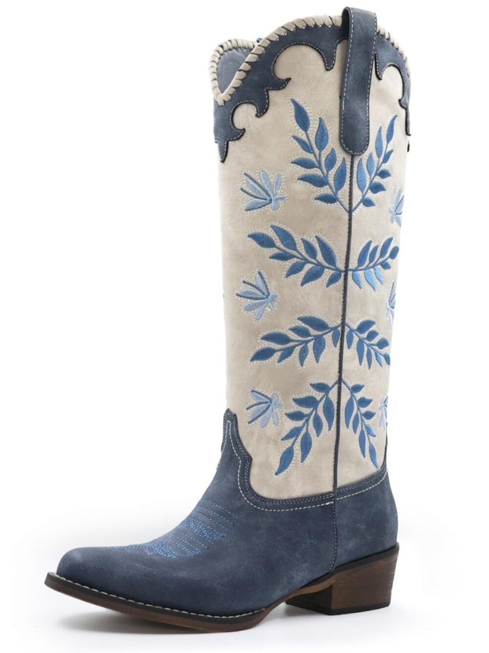Womens Cowboy Boots Leaf Embroidered Pull on Knee High Round Toe Comfortable